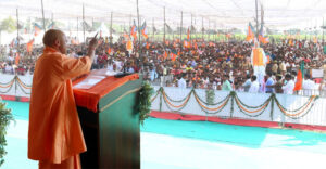 Uttar Pradesh Chief Minister Yogi Adityanath addressing an election rally