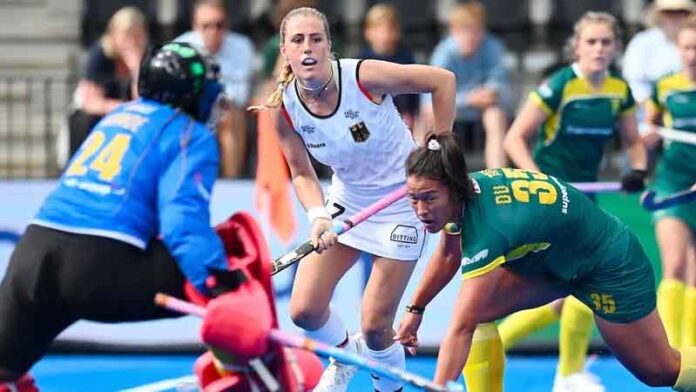 Germany and South Africa players in action during their Women's World Cup hockey match. Photo: FIH